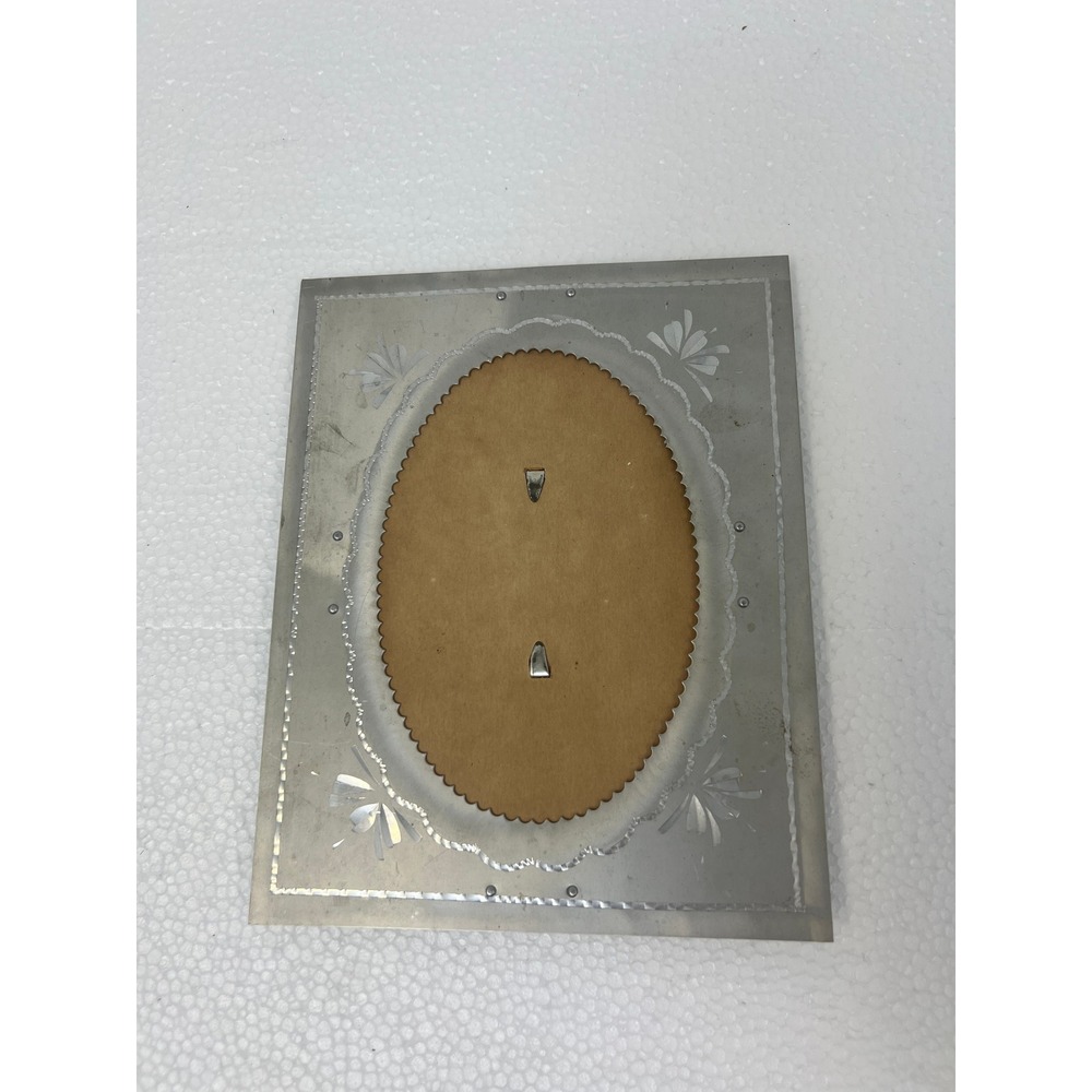 Vintage Etched Aluminum Picture Frame Oval Opening Easel Back Art Deco Floral